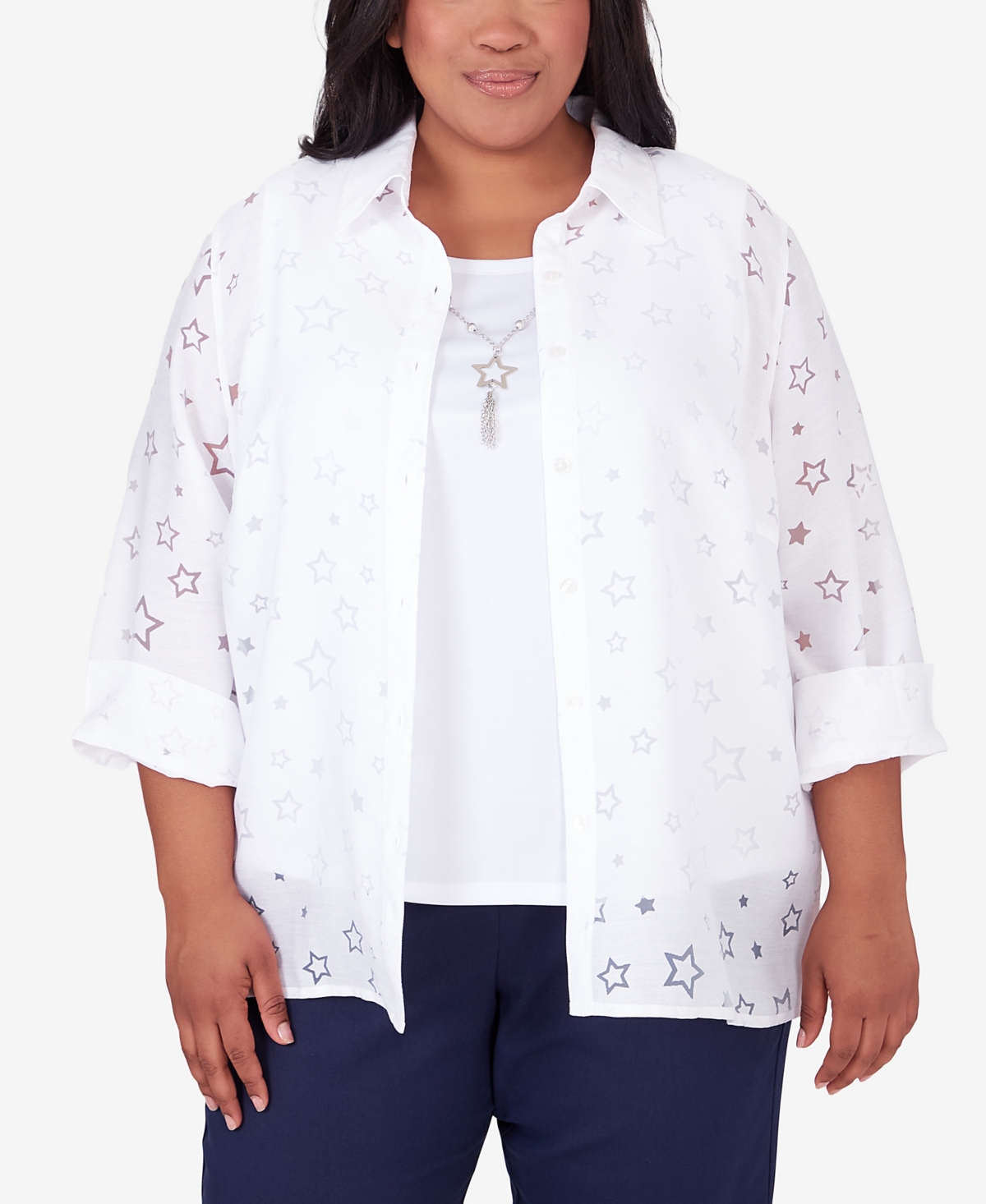 Alfred Dunner Plus Size All American Burnout Stars Two In One 3/4 Sleeve Top In White
