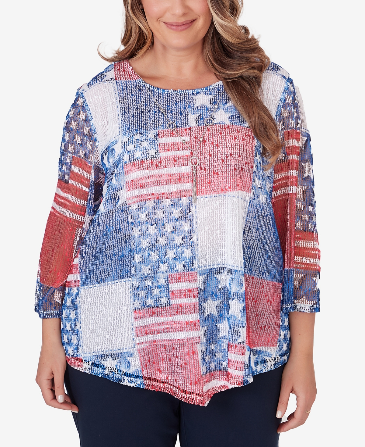 Shop Alfred Dunner Plus Size All American Patchwork Flag Mesh Top With Necklace In Multi