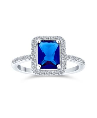 3CT CZ Pave Band Rectangle Solitaire Halo Royal Blue Emerald Cut Promise Ring Sterling Silver