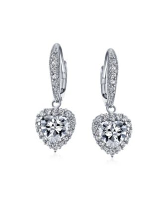 4CT CZ Halo Heart Shaped Cubic Zirconia Dangle Lever back Earrings Invisible Cut Rhodium Plated