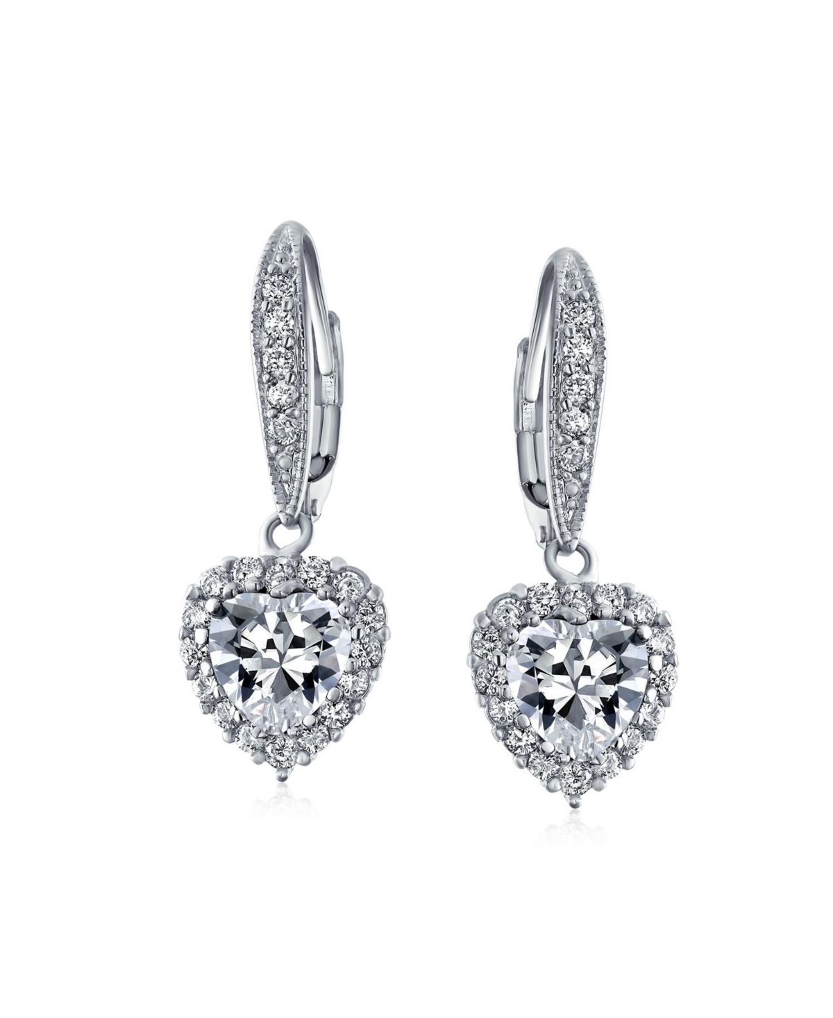 Bling Jewelry 4CT Cz Halo Heart Shaped Cubic Zirconia Dangle Lever back Earrings Invisible Cut Rhodium Plated