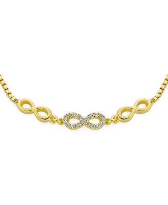 Delicate Dainty Symbols Love Knot Trio Multi CZ Accent Infinity Bolo Bracelet Yellow Gold Plated Sterling Silver Adjustable Slide