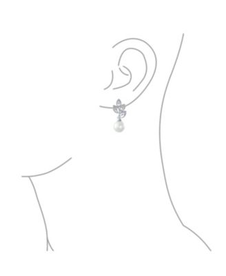 Statement Pave CZ Cubic Zirconia Leaf Simulated Pearl Drop Earrings Plated