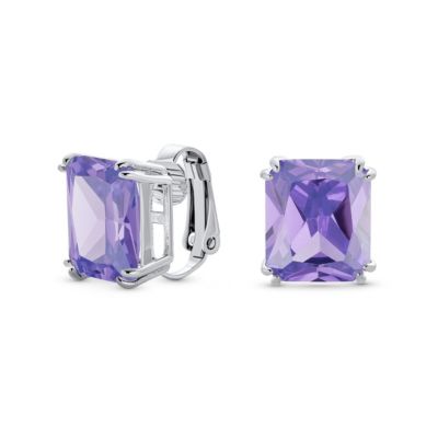 Rectangle Shape Statement Emerald Cut CZ Solitaire Clip On Stud Earrings Rhodium Plated Brass Non Pierced x