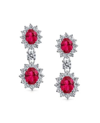 Art Deco Style Crown Halo Oval Cubic Zirconia Red CZ Fashion Dangle Drop Earrings Rhodium Plated Brass