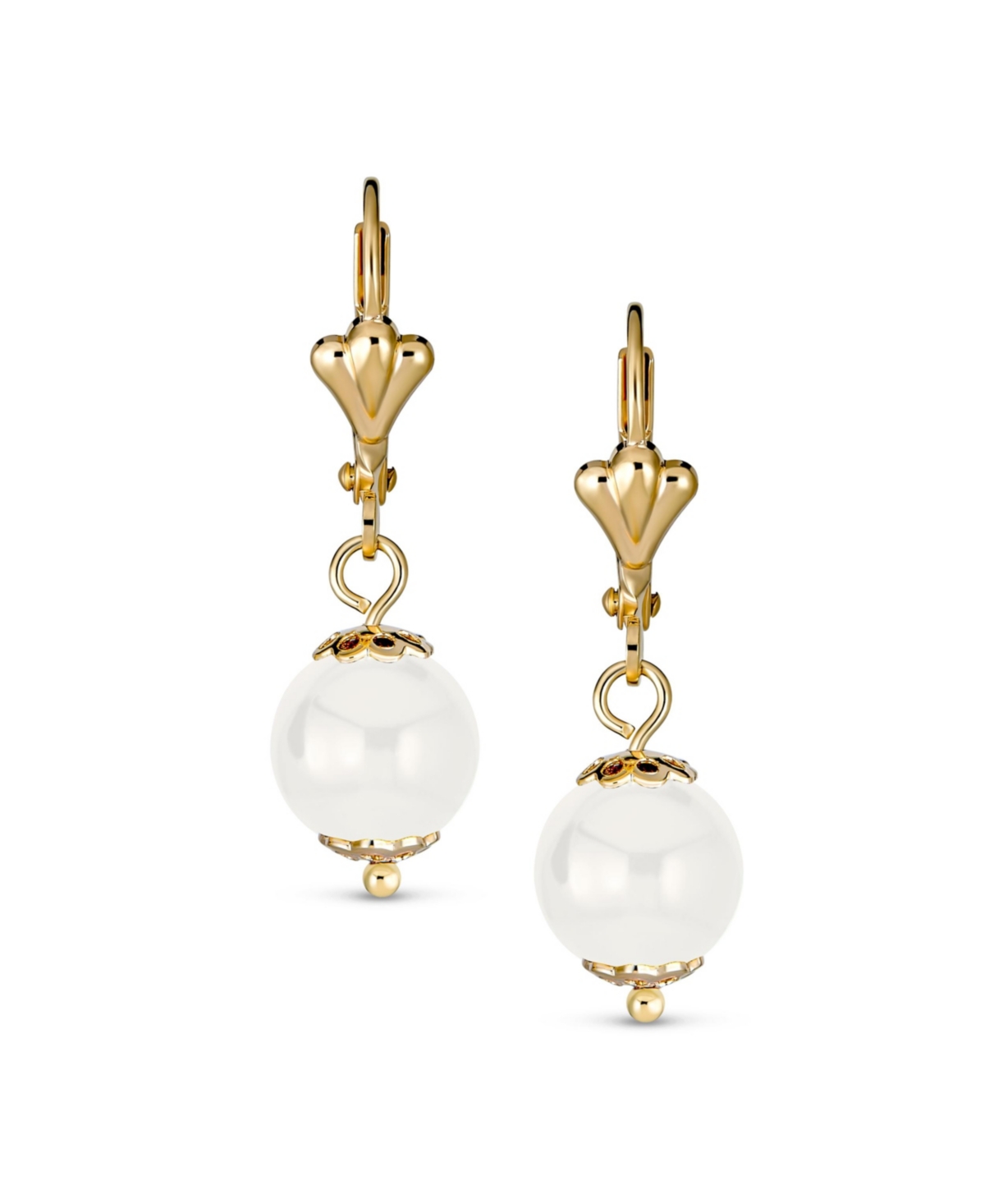 Bling Jewelry Classic Elegant Simple Round NaturalOnyx Dangle Lever Back Drop Ball Earrings For Women Yellow 18K Gold Plated Brass 8MM - White
