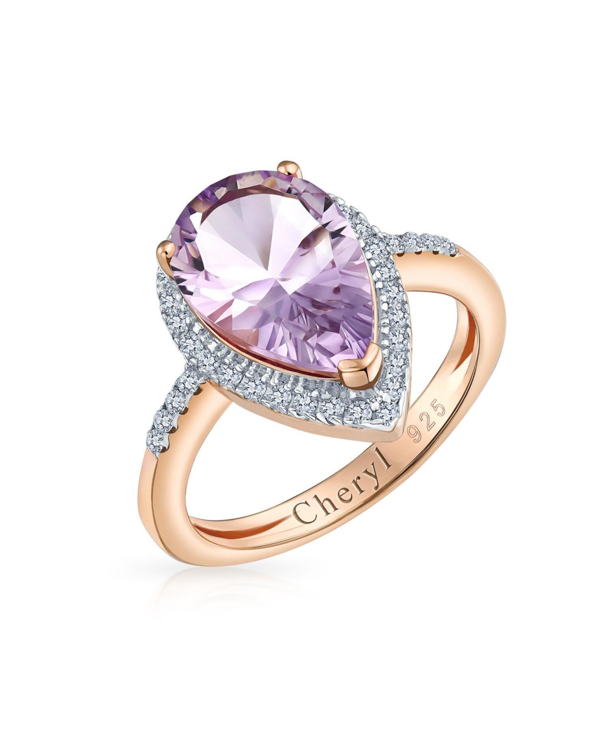 Bling Jewelry 3.75CTW Zircon Pave Halo Pear Shape Teardrop Ring Pink Natural Amethyst Statement Ring Rose Gold Overlay Sterling Silver - Purple amethy