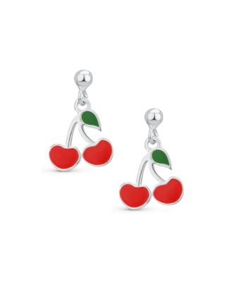 Small Summer Food Fruit Red Enamel Cherry Drop Earrings Sterling Silver
