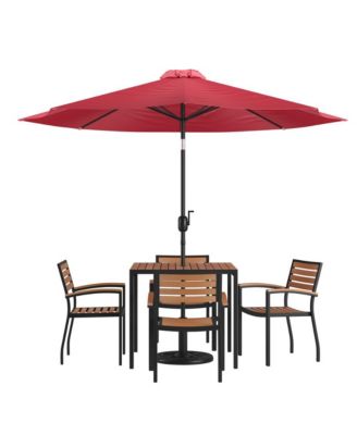 Hampstead Seven Piece Faux Teak Patio Dining Set Includes Table, Four Club Chairs, 9' Patio Umbrella And Base