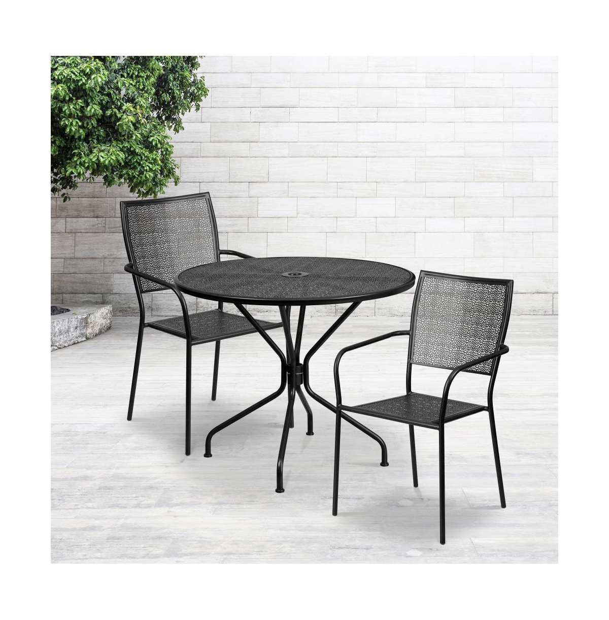 Commercial Grade 35.25" Round Metal Garden Patio Table Set, 2 Square Back Chairs