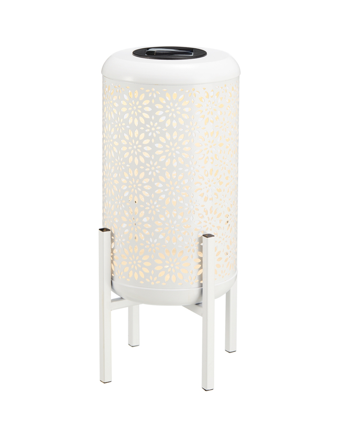 14.25" H Metal Cutout Flower Pattern Solar Powered Led Outdoor Lantern with Stand - White