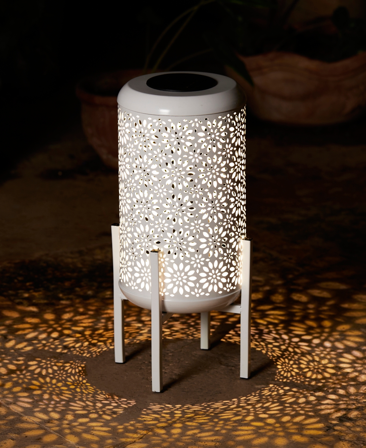 Glitzhome 14.25" H Metal Cutout Flower Pattern Solar Powered Led Outdoor Lantern With Stand In White