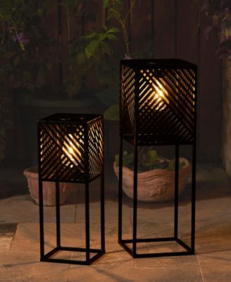 23.75" H, 17.75" H Set of 2 Metal Stripes Geometric Solar Powered Edison Bulb Outdoor Floor Lantern or Planter Stands