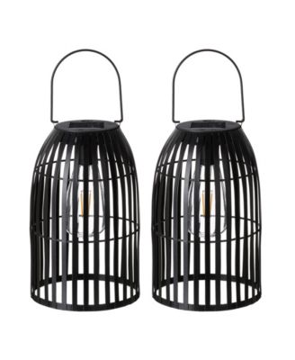 9.75" H Set of 2 Metal Stripes Solar Powered Edison Bulb Outdoor Hanging Lantern