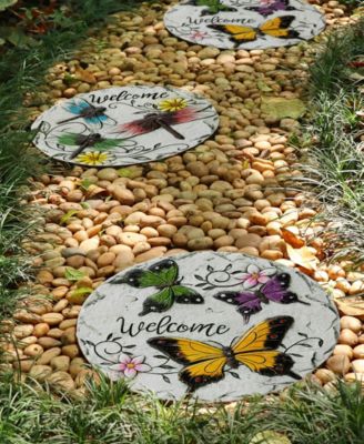 9.75" D Set of 2 Cement Stepping Stones with Fluttering Butterflies and Dragonflies Pattern