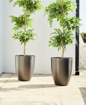 16.75" H Set of 2 Black  Resin and Stone Faux Brushed Steel Texture Tall Planter