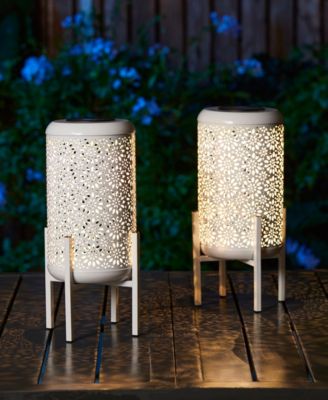 14.25" H Set of 2 Metal Cutout Flower Pattern Solar Powered LED Outdoor Lantern with Stand
