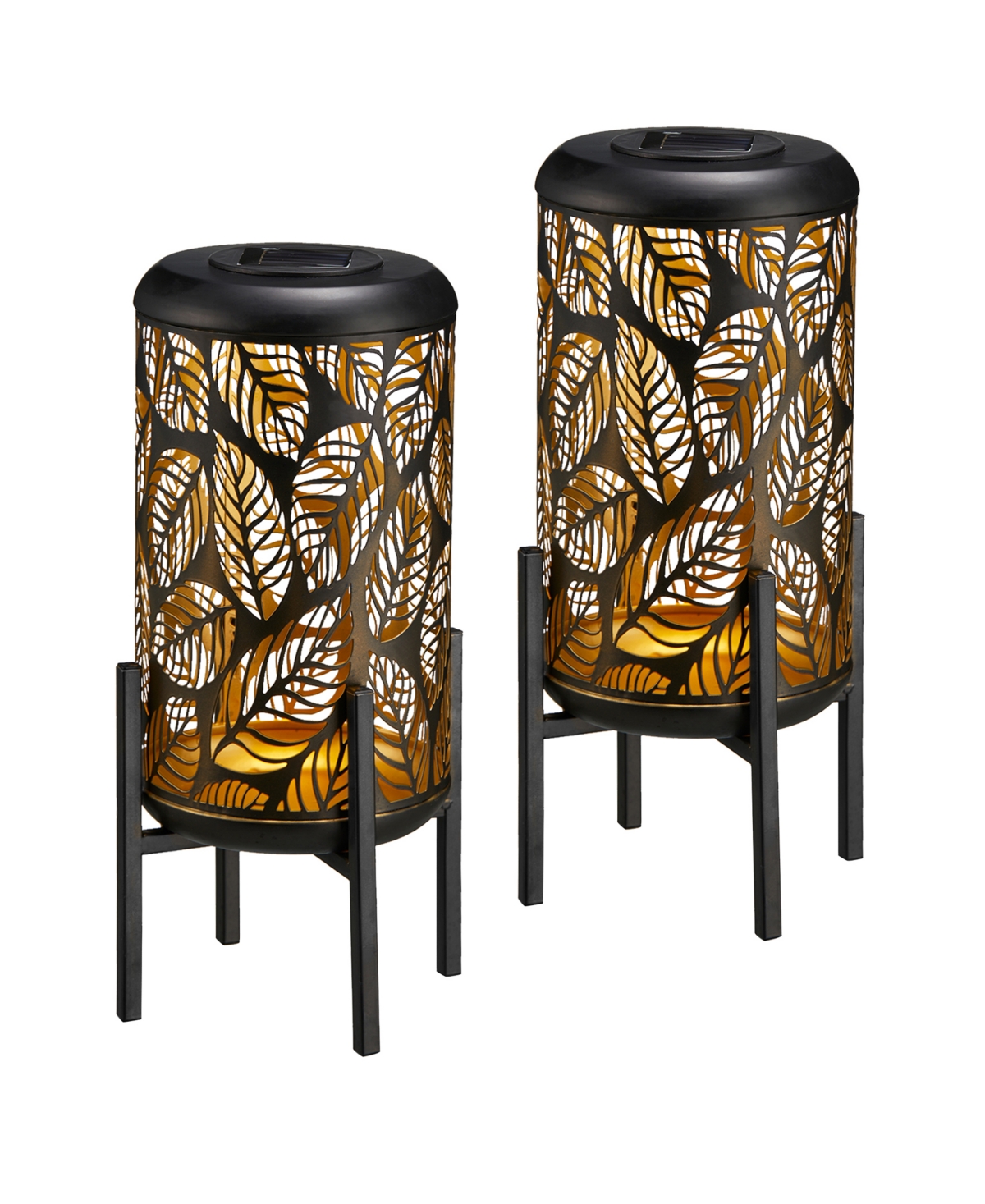 14.25" H Set of 2 Black and Gold-Tone Metal Cutout Leaves Pattern Solar Powered Led Outdoor Lantern with Stand - Multi