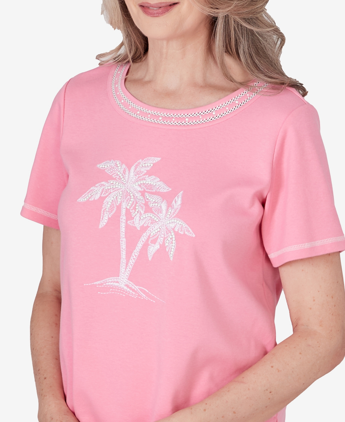 Alfred Dunner Women's Miami Beach Embroidered Palm Tree Short Sleeve Top