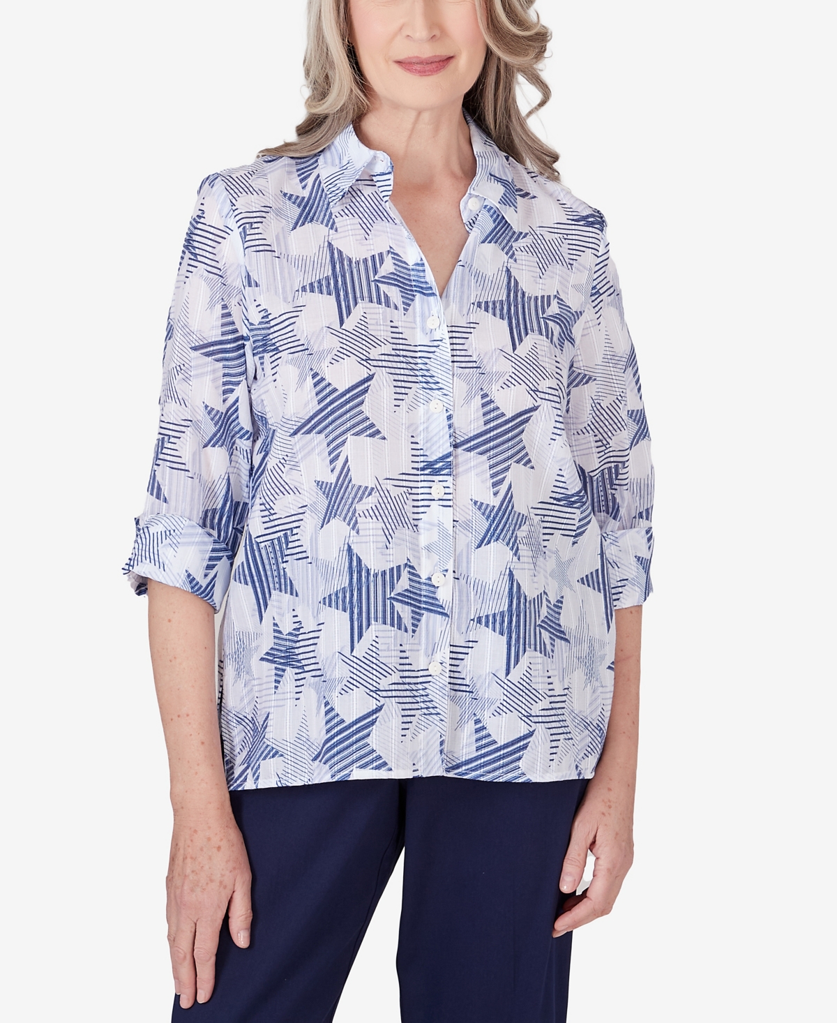 Shop Alfred Dunner Women's All American Stars And Stripe Button Down Blouse Top In Blue