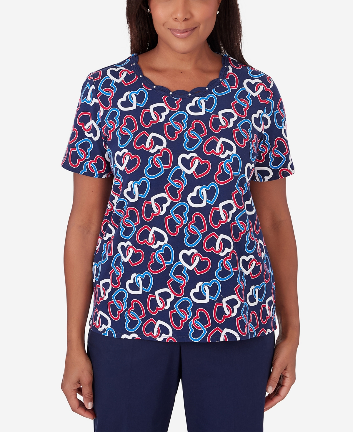Shop Alfred Dunner Women's All American Short Sleeve Linking Hearts Top In Multi