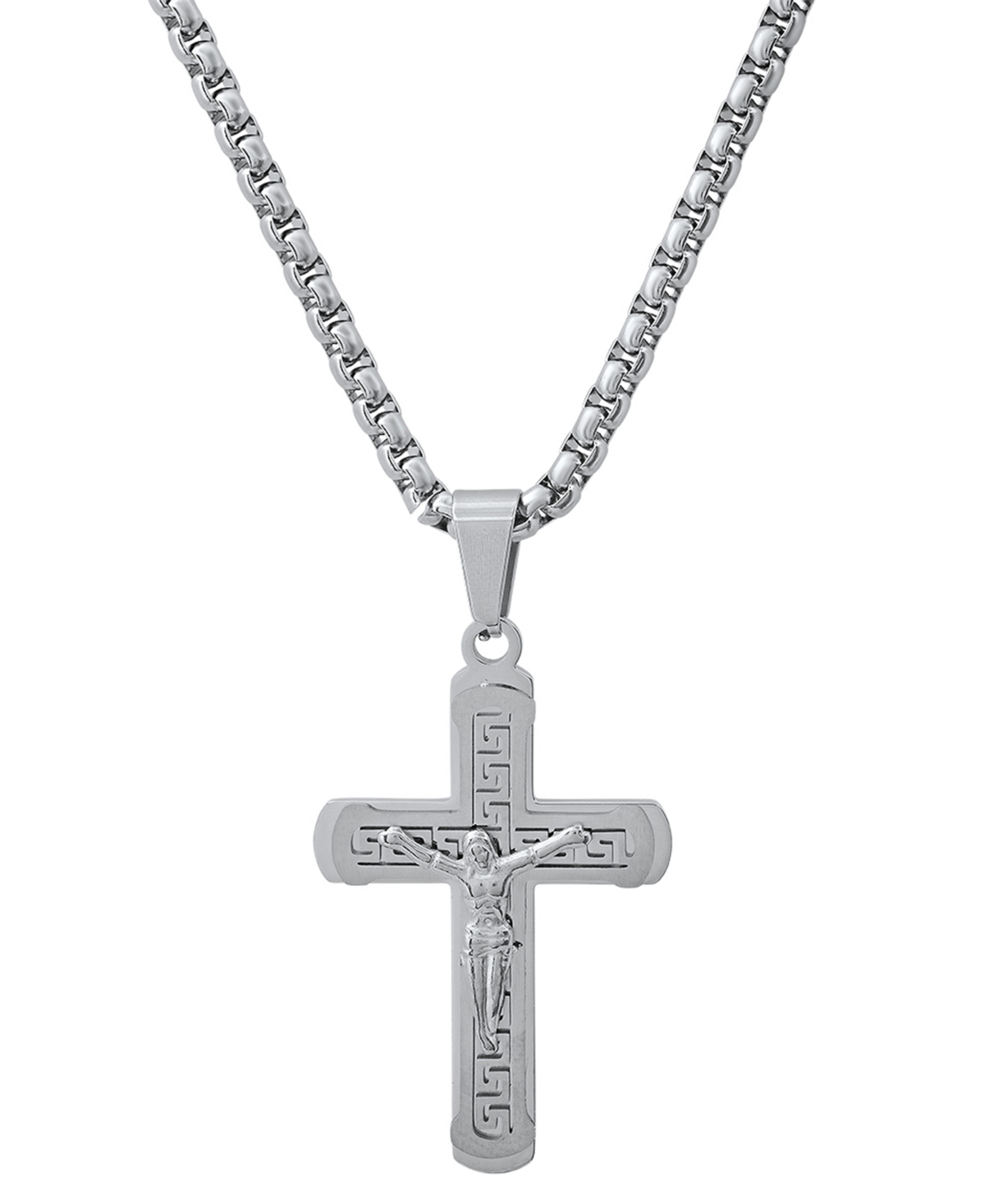 Steeltime Men's Silver-tone Greek Key Crucifix Pendant 24" Necklace