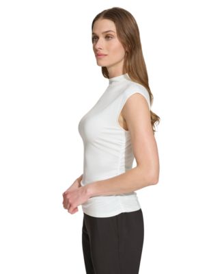 Women's Mock-Neck Sleeveless Side-ruched Knit Top, Regular & Petite
