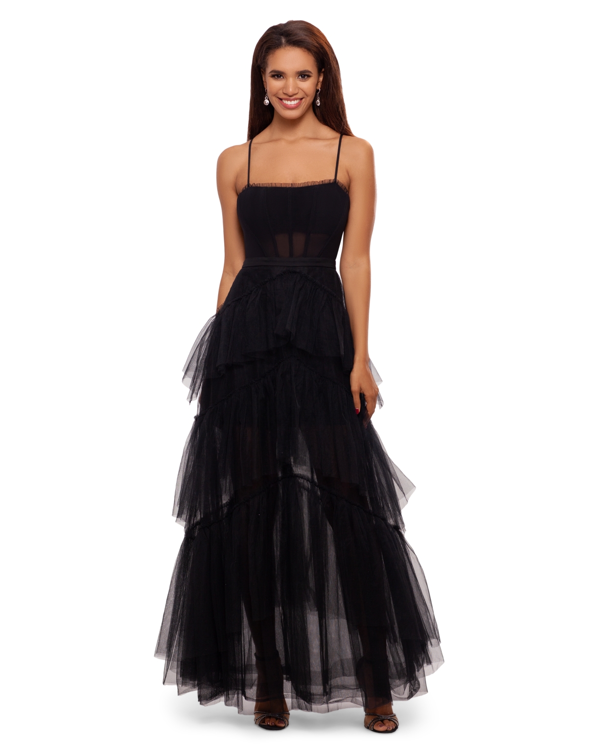 Shop Betsy & Adam Petite Mesh Corset Tiered Gown In Black