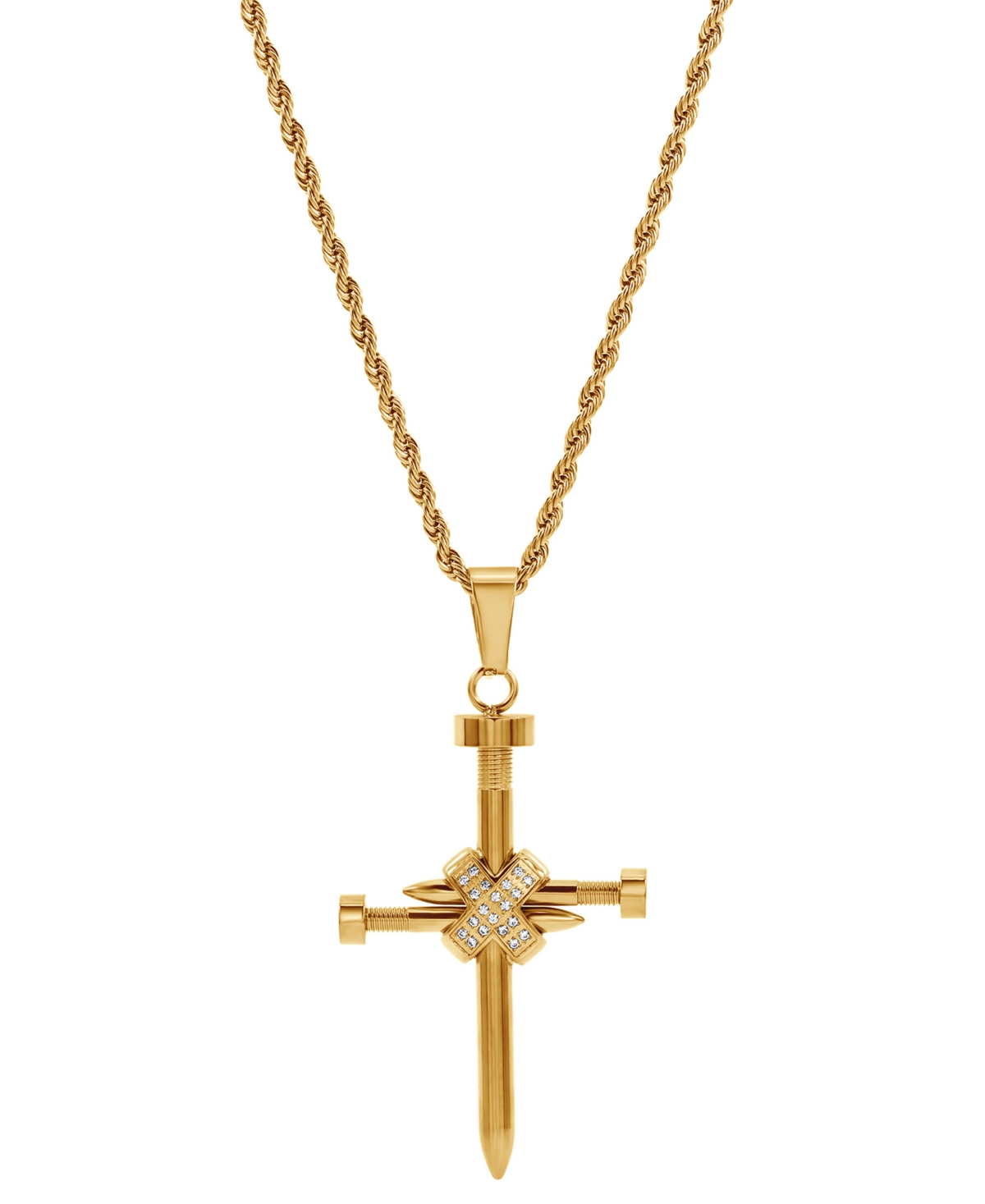 Blackjack Men's Cubic Zirconia Nail X Cross 24" Pendant Necklace In Gold-tone