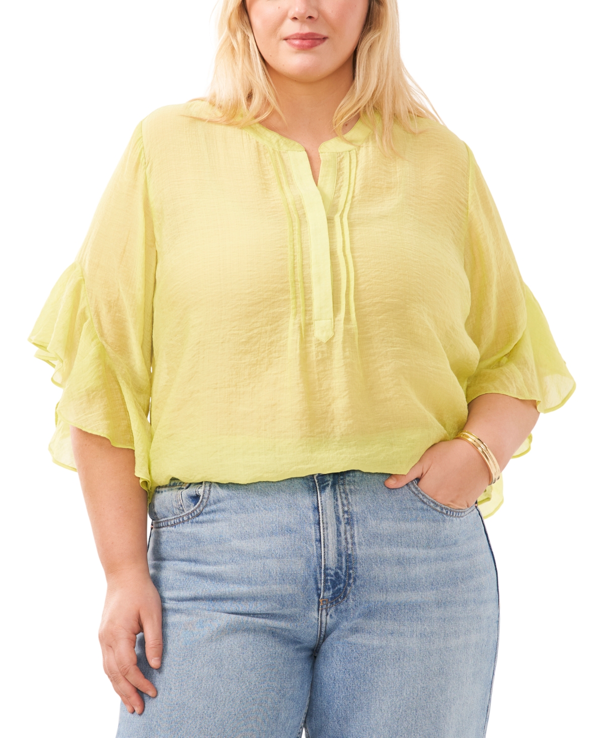 Plus Size Pintuck Flutter-Sleeve Blouse - Island Lime