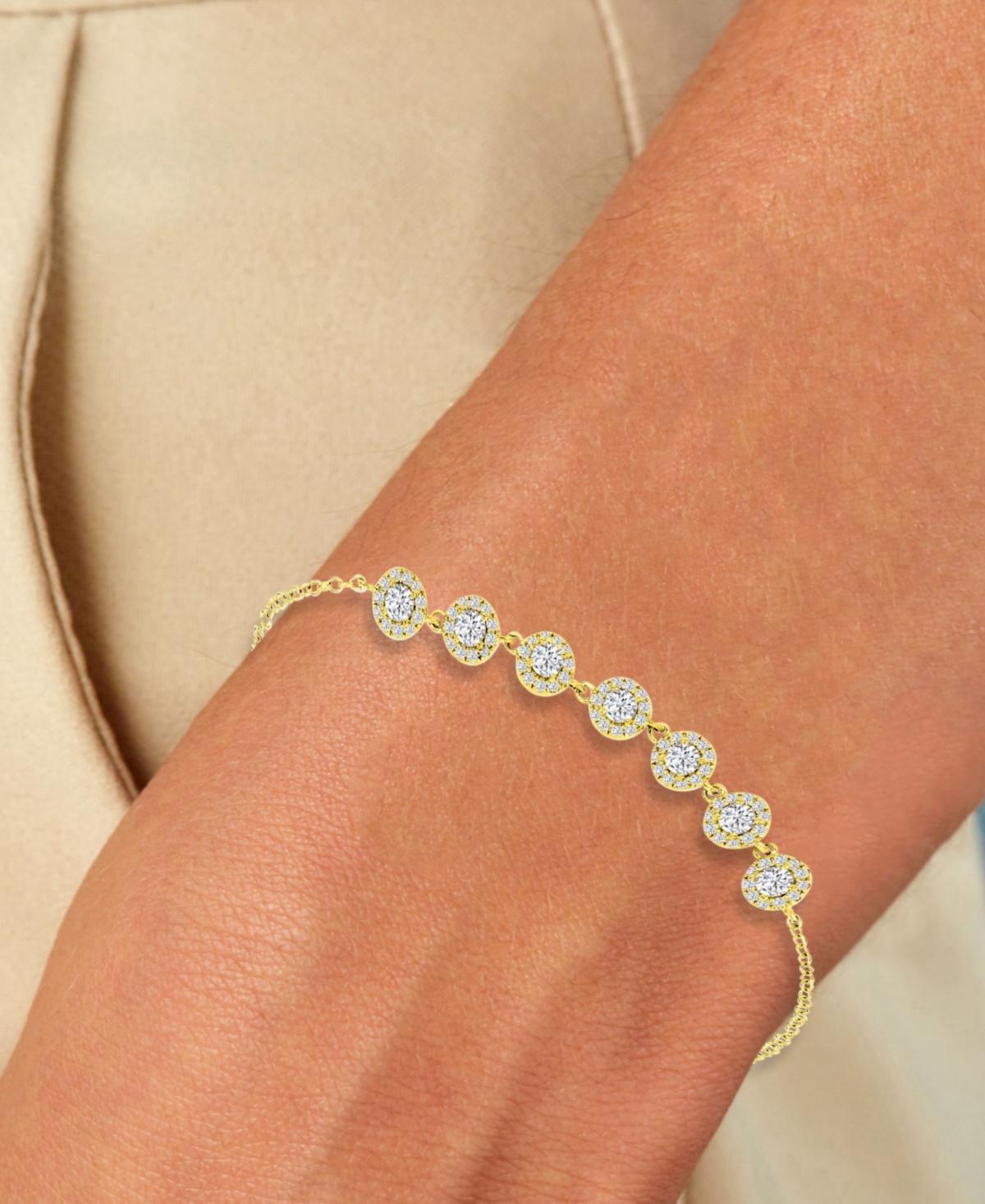 Shop Macy's Cubic Zirconia Halo Seven Stone Link Bracelet In 14k Gold-plated Sterling Silver