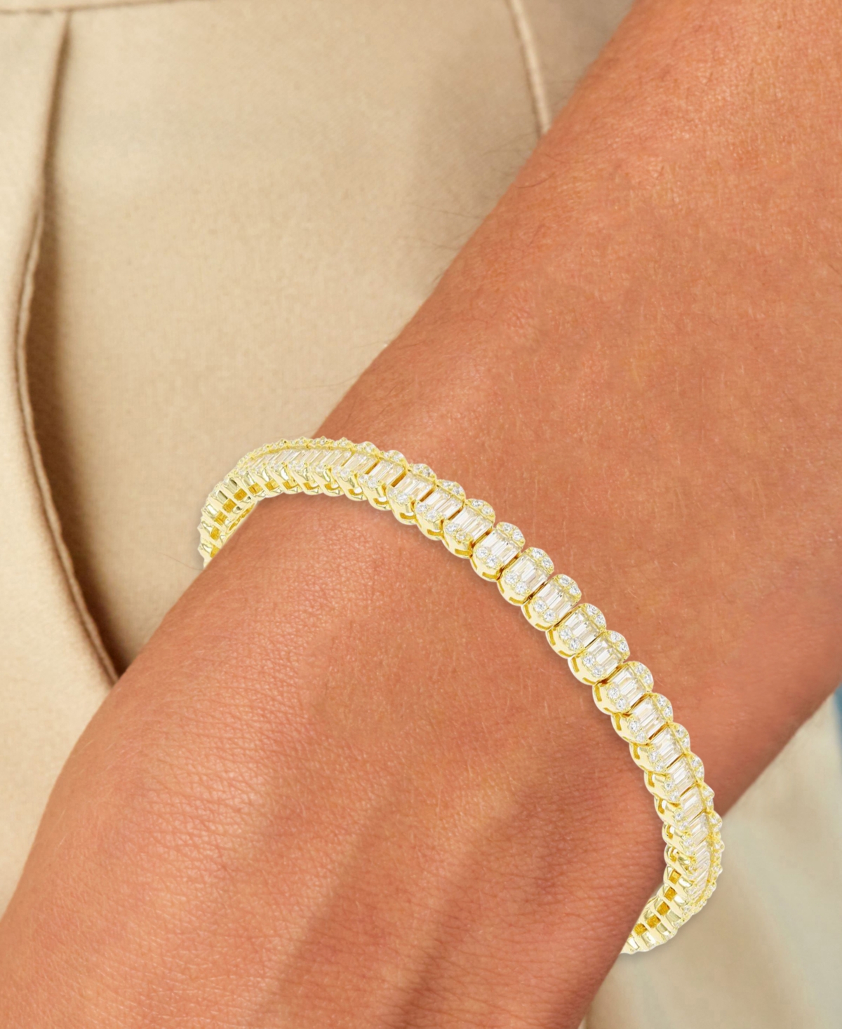 Macy's Cubic Zirconia Round & Baguette Mini Clusters Tennis Bracelet In 14k Gold-plated Sterling Silver In Gold