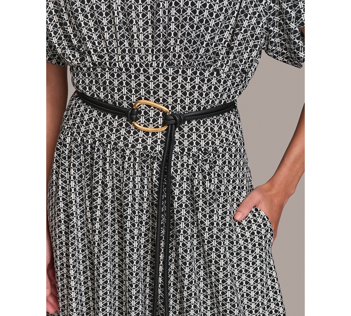 Shop Donna Karan Women's Printed Belted A-line Dress In Black Cream