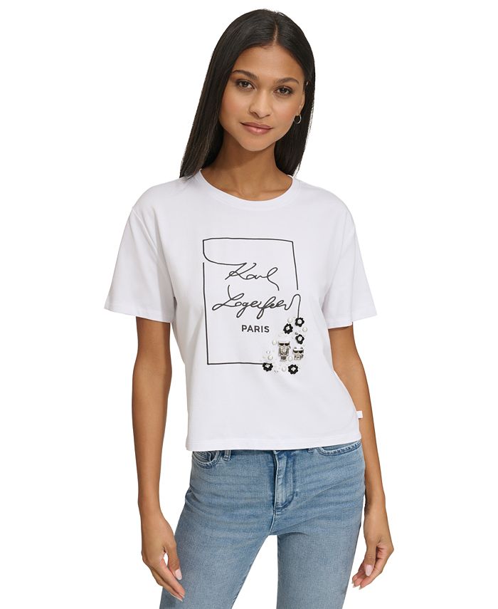 KARL LAGERFELD PARIS Women's Embellished Logo Short-Sleeve T-Shirt - Macy's