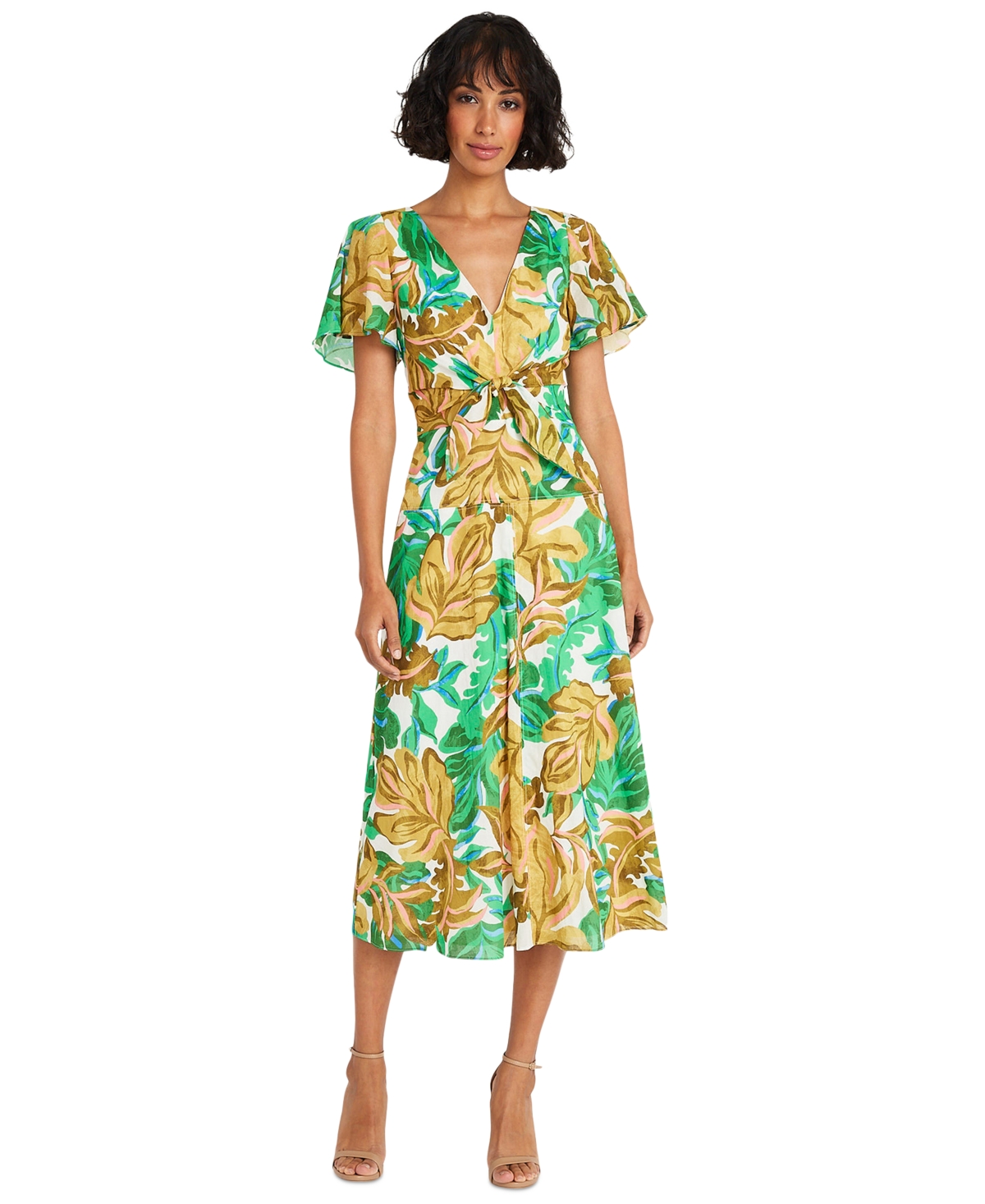 Women's Printed Flutter-Sleeve Fit & Flare Dress - Soft White/golden Olive