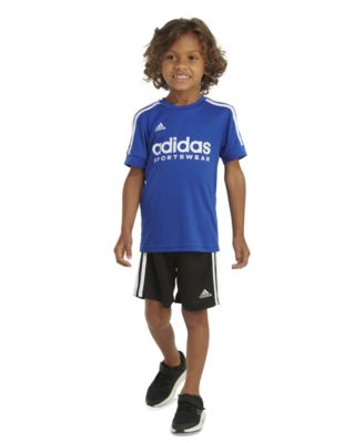 Toddler Little Boys 2 Pc. 3 Stripe Logo Graphic T Shirt Mesh Shorts Set