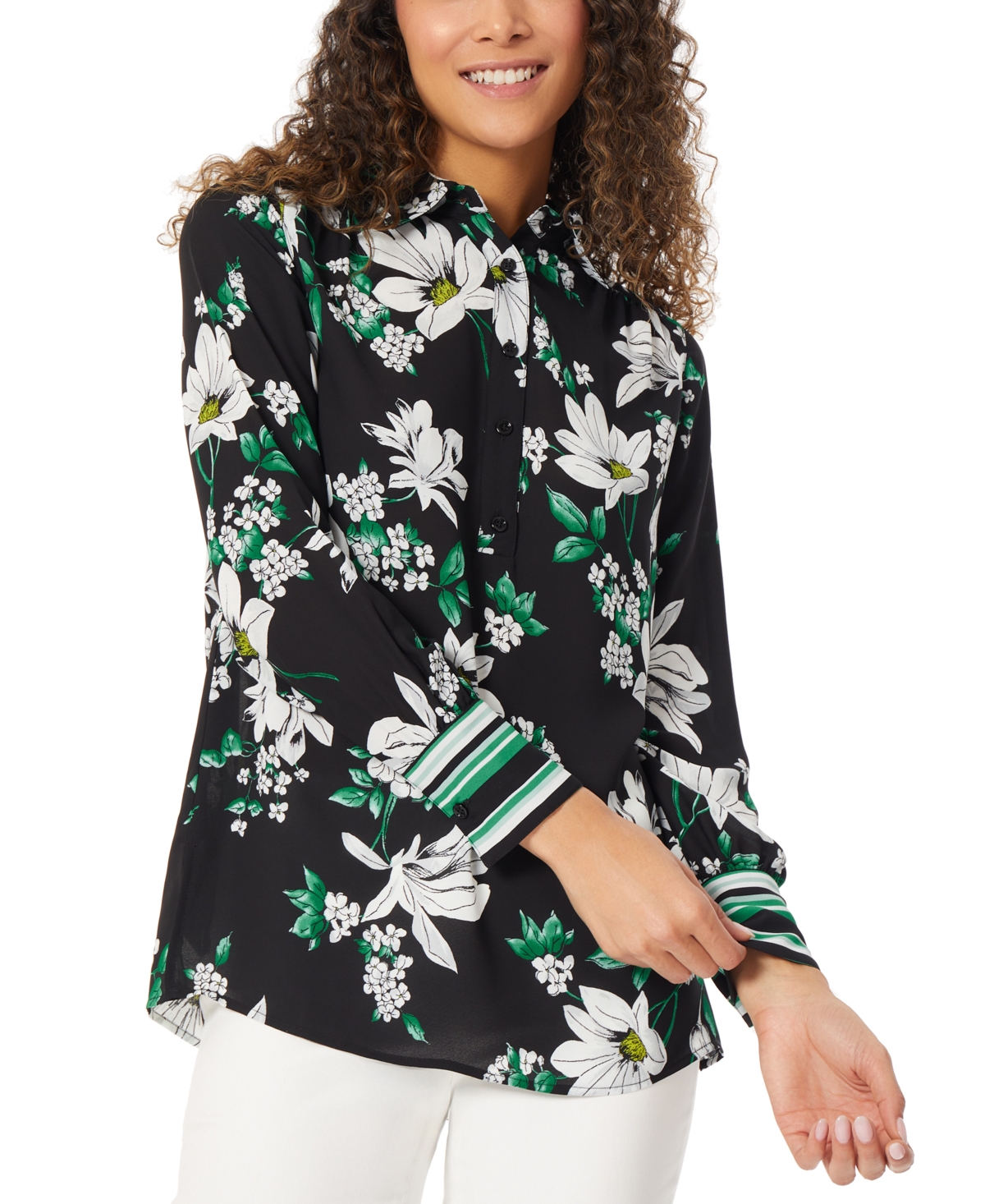 Women's Long-Sleeve Floral-Print Tunic Blouse - Jones Black/Kelly Green