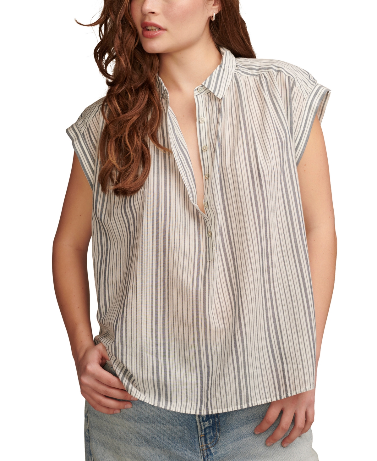 Shop Lucky Brand Women's Cotton Striped Collared Popover Blouse In Natural,blue Stripe