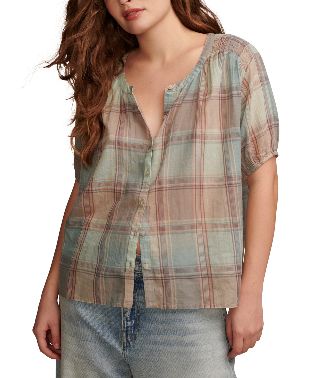 Shop Lucky Brand Women's Cotton Plaid Smocked-shoulder Blouse In Ginger Root Plaid