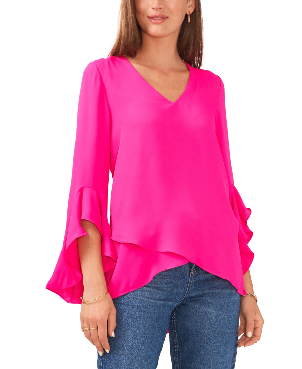 Women's V-neck Flutter Sleeve Blouse - Hot Pink