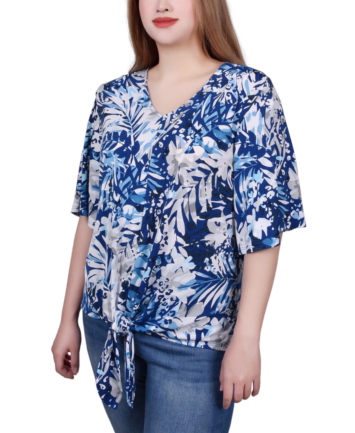 Ny Collection Petite Elbow Sleeve Tie-Front Top