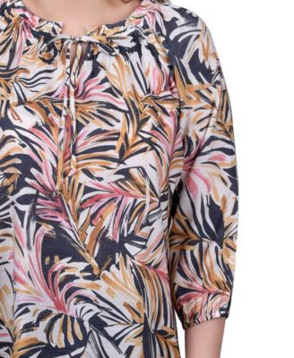 Petite 3/4 Sleeve Drawstring Neck Blouse Top