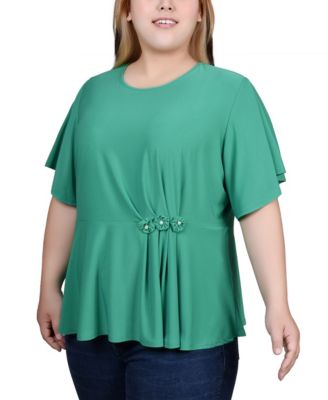 Plus Size Flutter Sleeve Flower-Detail Top