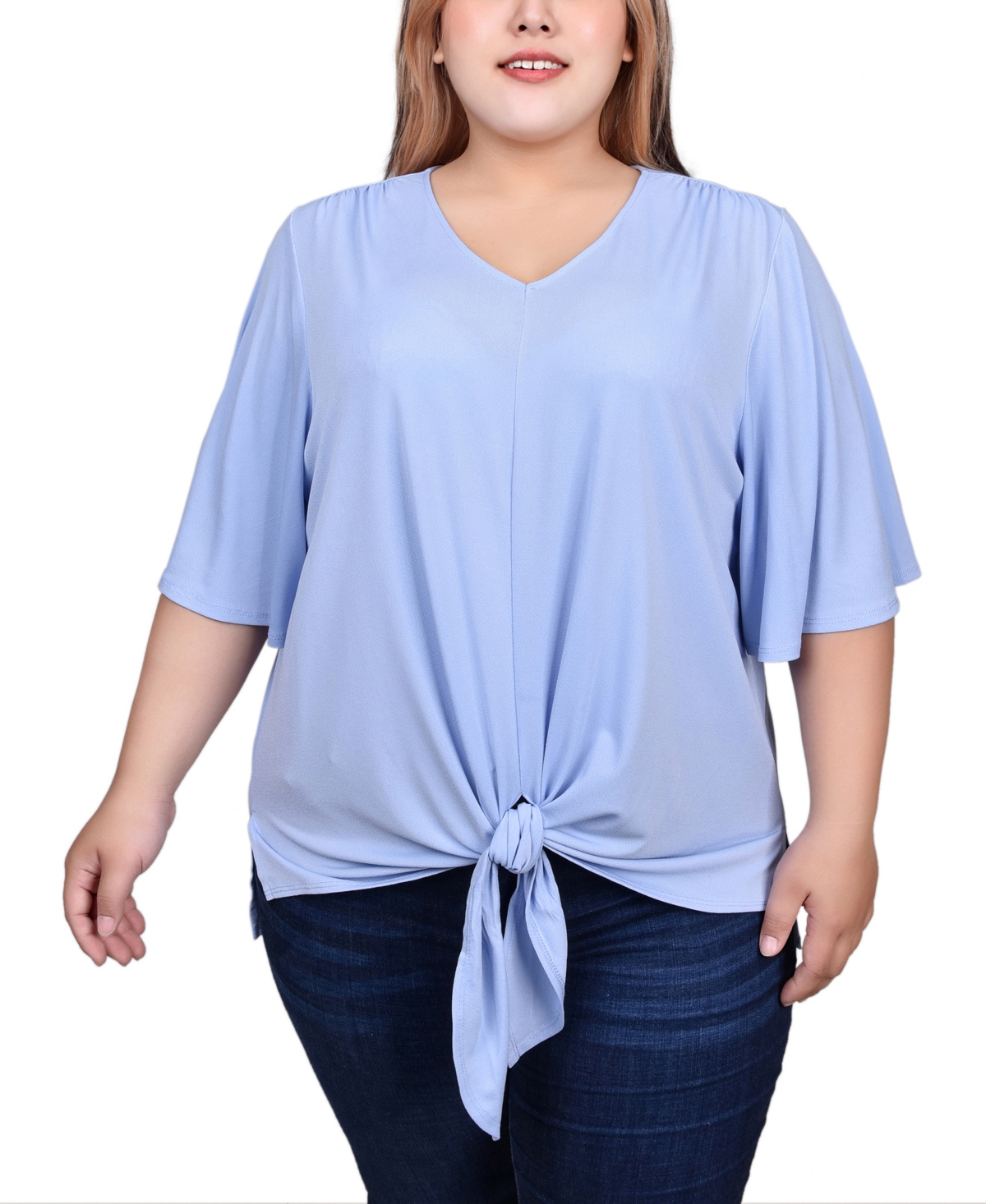 Plus Size Elbow Sleeve Tie-Front Top - Sugar Coral