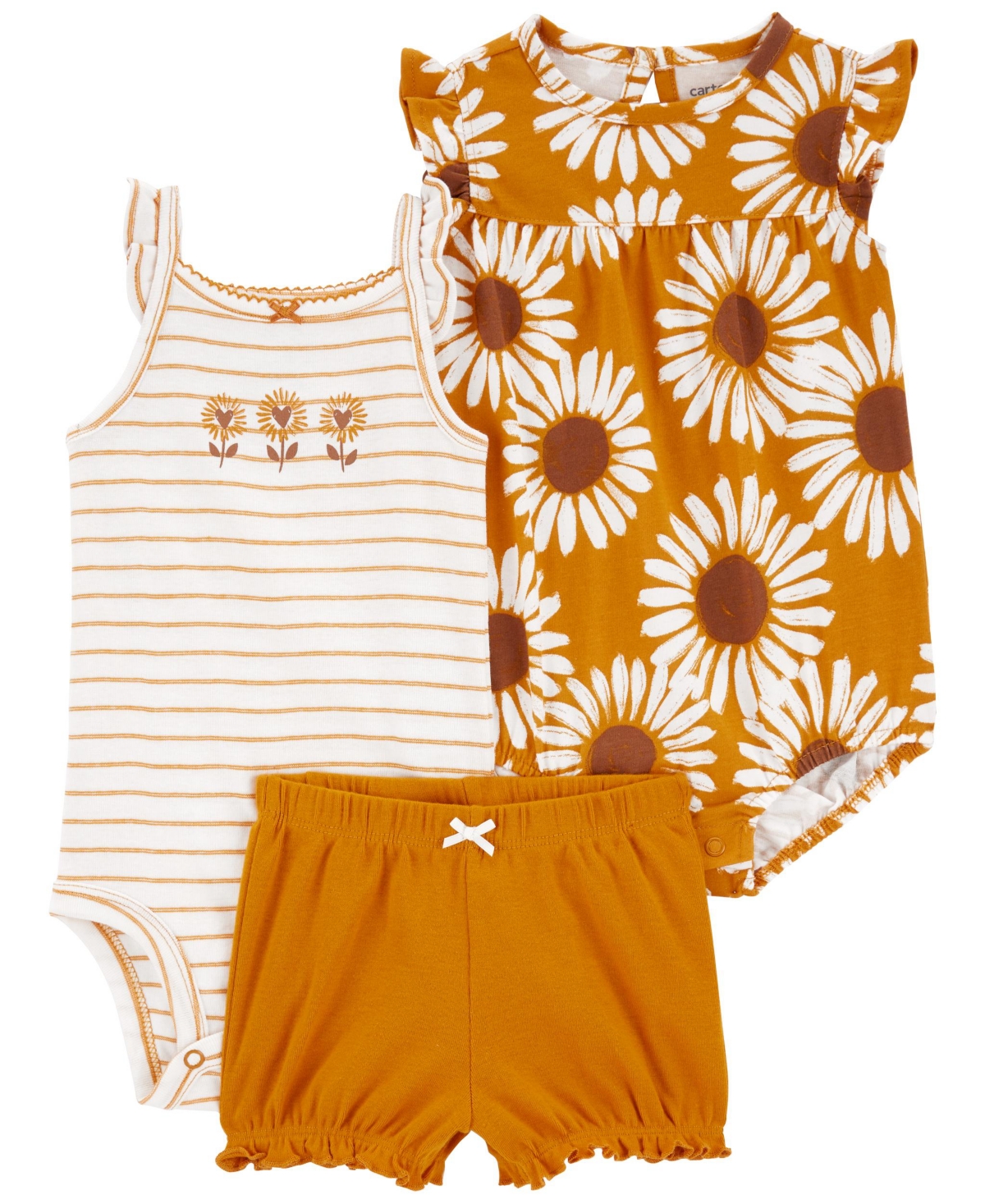 Shop Carter's Baby Girls Bodysuit, Shorts, And Romper, 3 Piece Set In Yellow