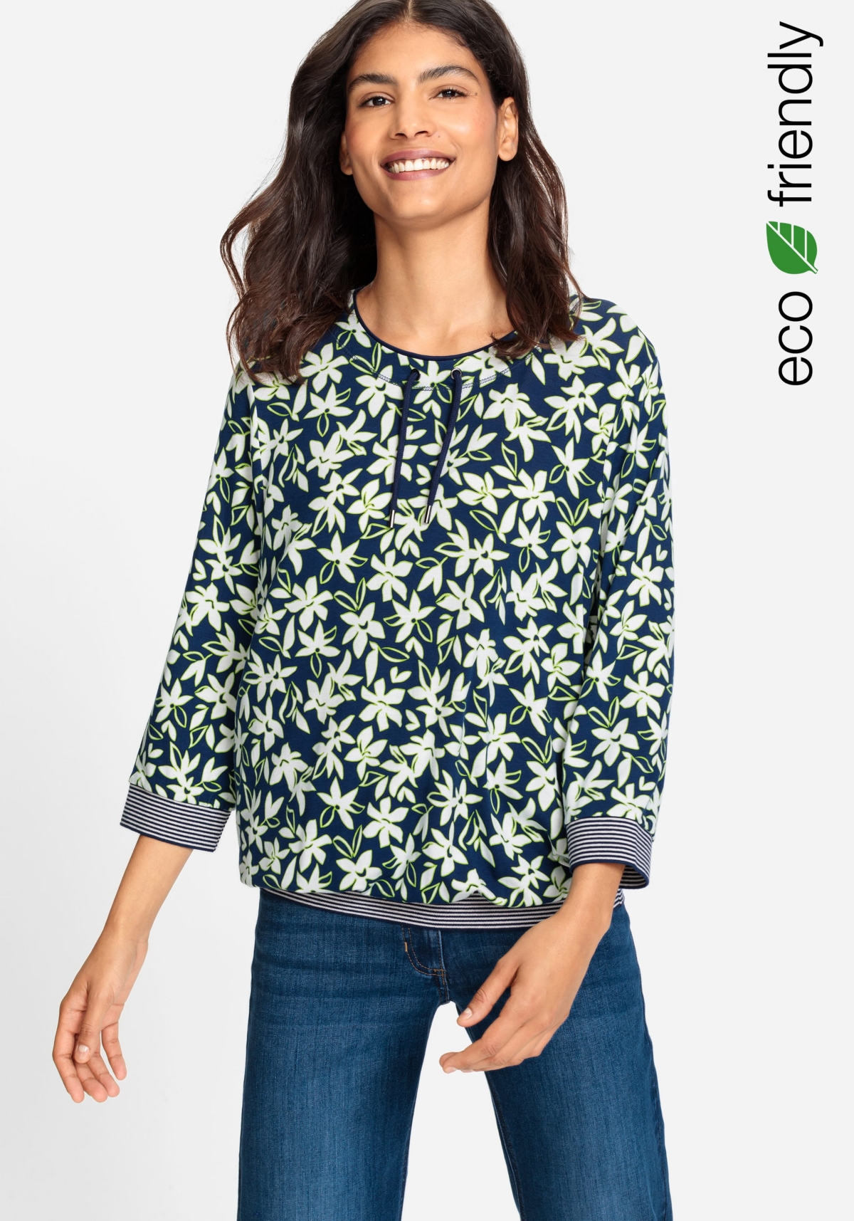 Women's 3/4 Sleeve Floral Print Tee containing Lenzing Ecovero Viscose - Night blue