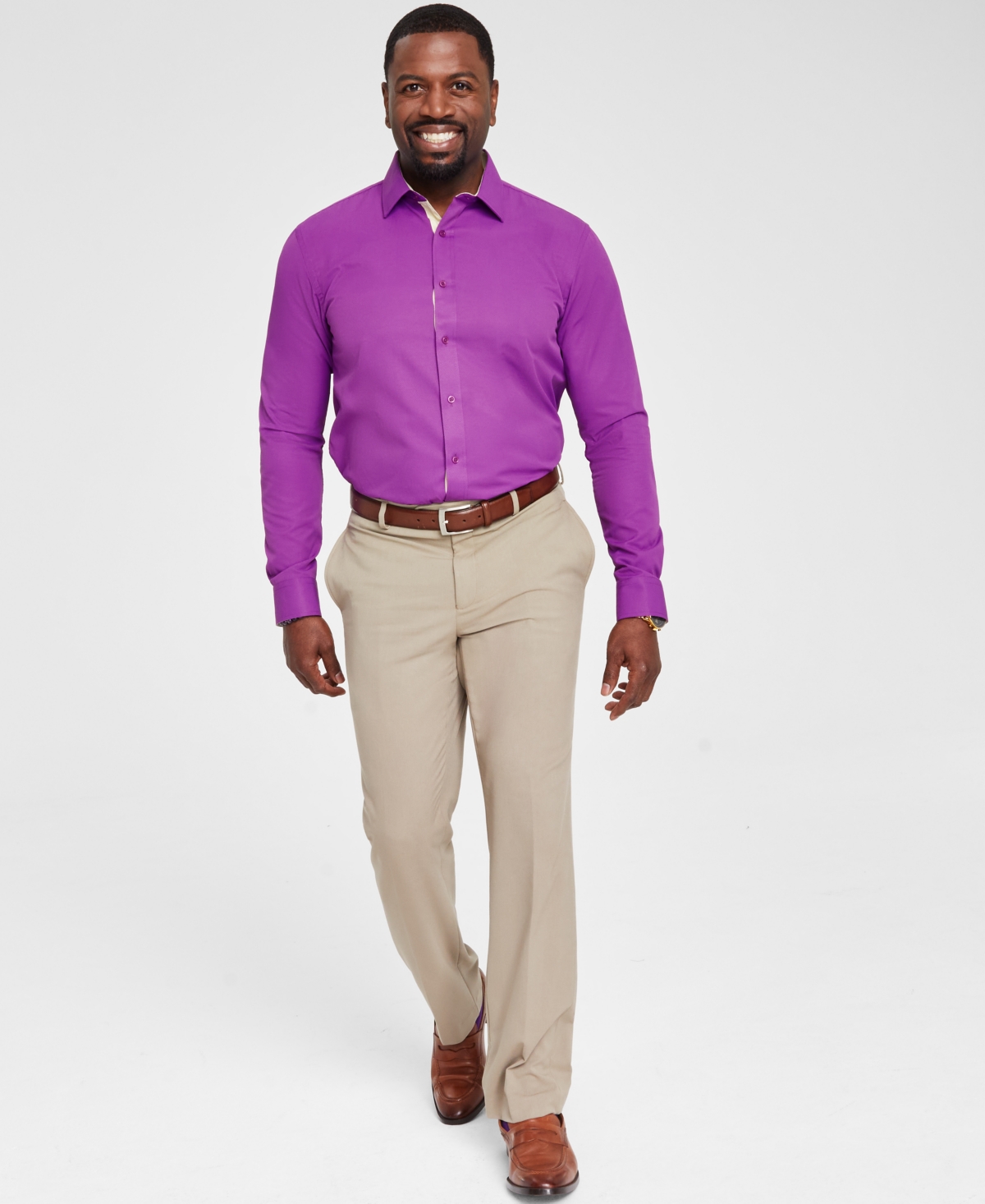 Men's Slim-Fit Gold Trim Solid Dress Shirt - Purple And Gold