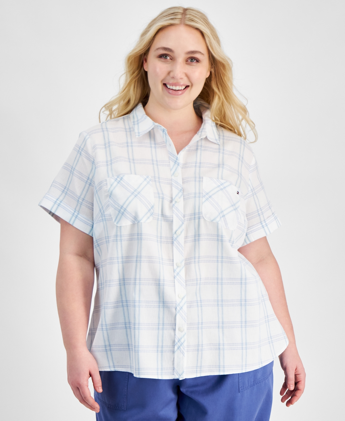 Tommy Hilfiger Plus Size Cotton Plaid Textured Camp Shirt In Bright White Multi