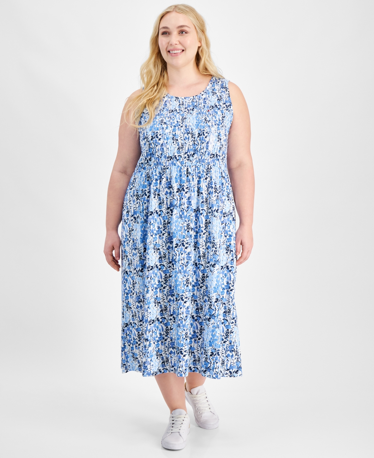 Tommy Hilfiger Plus Size Smocked-bodice Floral-print Dress In Breeze Multi