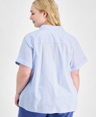 Plus Size Cotton Patchwork-Print Camp Shirt